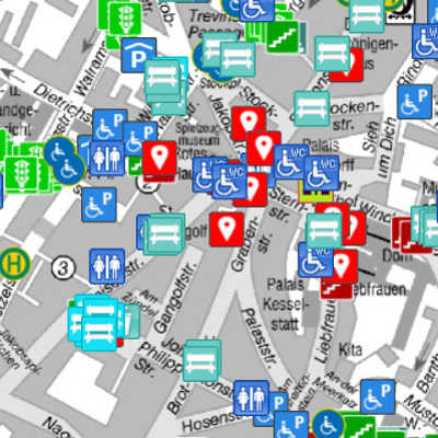 Stadtplan mit Symbolen für barrierefreie Orte