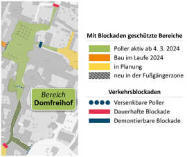 Die Karte zeigt die Standorte der unterschiedlichen Zufahrtsbarrieren rund um den Domfreihof.