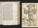 Links: Vegetius-Handschrift des 15. Jahrhunderts aus der Wissenschaftlichen Bibliothek der Stadt Trier, Textbeginn/Widmungsbrief aus der Redaktion Frechulphs von Lisieux (9. Jh.) auf Fol. 119 recto (Signatur: Hs. 1083/105 8°, Foto: Anja Runkel) / Rechts: Porträt des Vegetius aus einer Pariser Ausgabe der 'Epitoma rei militaris' (Paris, vermutlich 1553, Signatur: 5/71 4°, Foto: Anja Runkel)