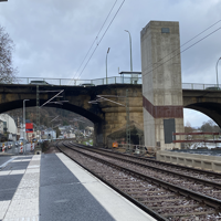 Blick auf die Bahnsteige am Haltepunkt Pallien mit Aufzugsturm zur Kaiser-Wilhelm-Brücke.