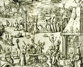 ieser Kupferstich (Ausschnitt) von 1594 trägt den Titel „Trierer Hexentanzplatz“. Gezeigt werden Praktiken der sogenannten schwarzen Magie und teuflische Rituale mit Kröten, Katzen und toten Pferden, derer man die als Hexen verfolgten Trierer Bürger bezichtigte. Foto: Stadtarchiv, Anja Runkel. ieser Kupferstich (Ausschnitt) von 1594 trägt den Titel „Trierer Hexentanzplatz“. Gezeigt werden Praktiken der sogenannten schwarzen Magie und teuflische Rituale mit Kröten, Katzen und toten Pferden, derer man die als Hexen verfolgten Trierer Bürger bezichtigte. Foto: Stadtarchiv, Anja Runkel.