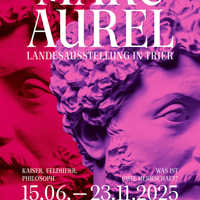 Plakat der Landesausstellung Marc Aurel, in grellen Farben ist der Kopf des Kaisers dargestellt