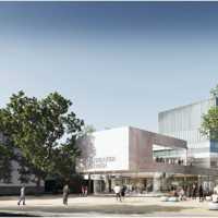 Entwurfszeichnung für den neuen Theateringang mit einem abgesetzten zweigeschossigem Portal