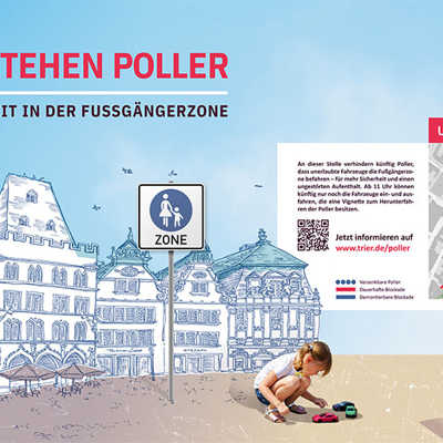 Rund um die Baustelle werden Transparente aufgehängt, auf denen die wichtigsten Informationen rund um die Details des Sicherheitskonzepts und die Poller zusammengefasst sind. Abbildung: Agentur Bohr